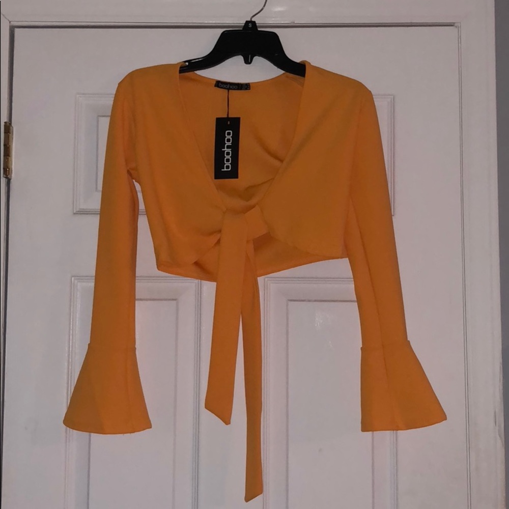 Petite Katie Tie Front Frill Sleeve Top (crop top)